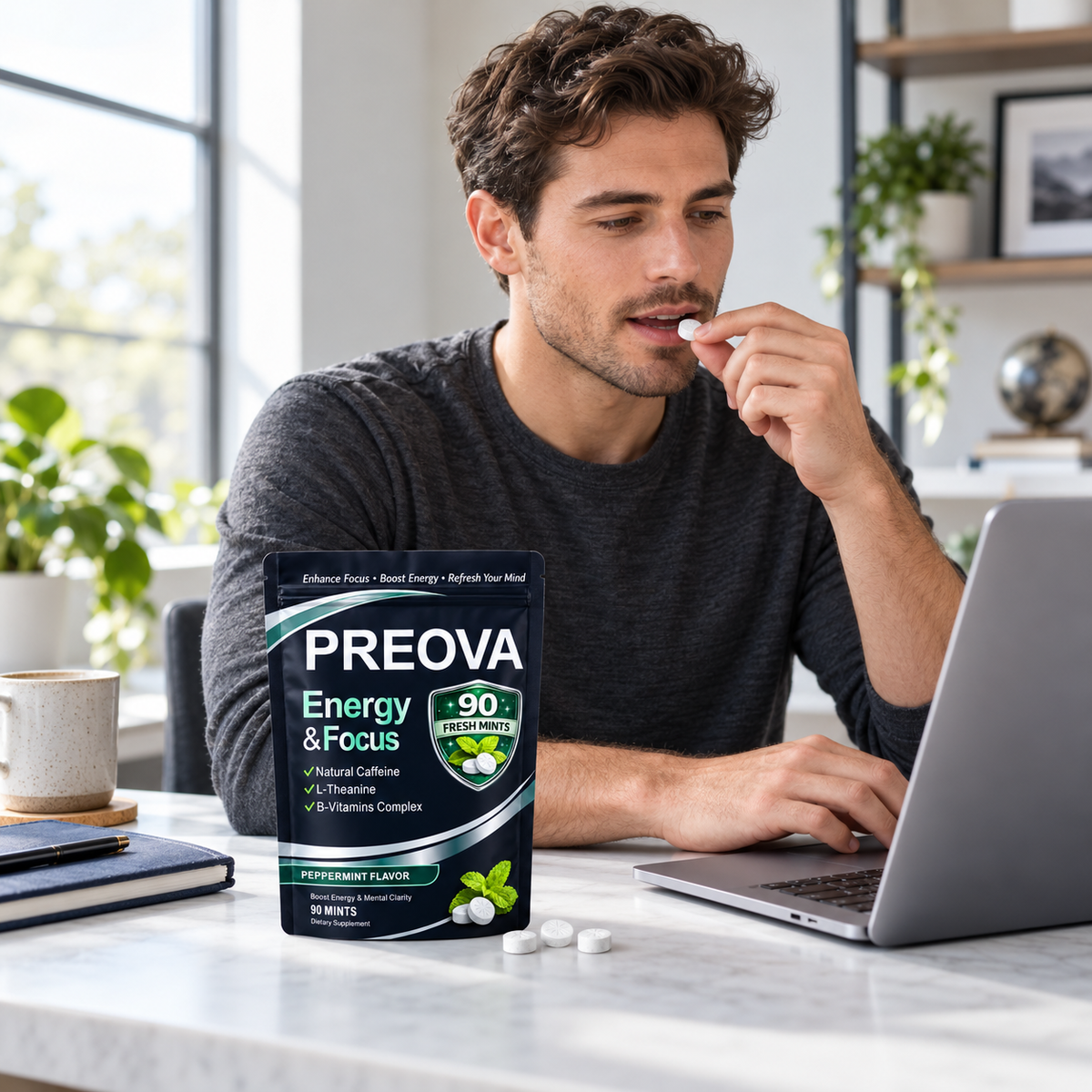 Man taking a PREOVA Energy and Focus mint at his desk beside a laptop
