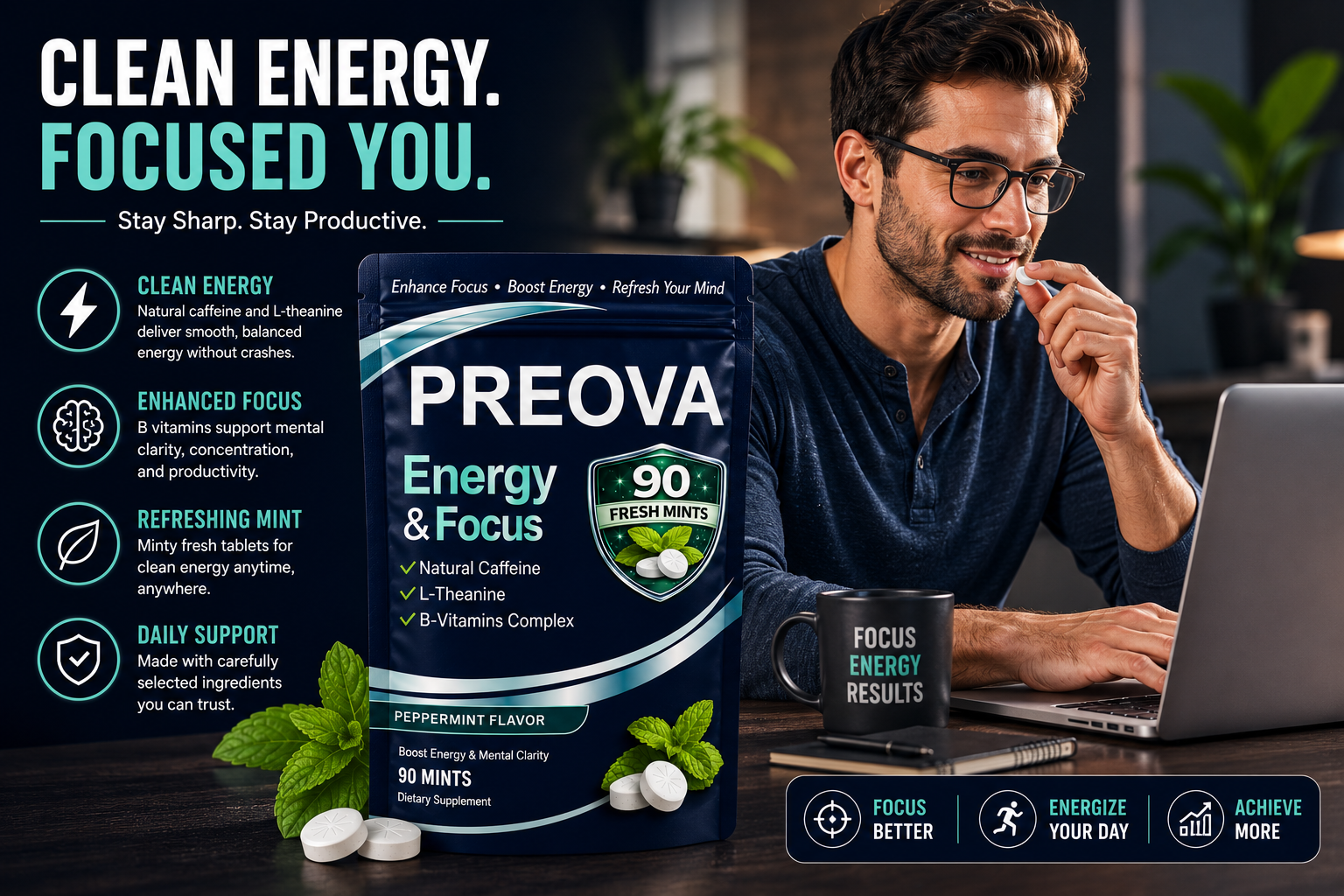 PREOVA Energy & Focus Mints — Peppermint — 90 Mints