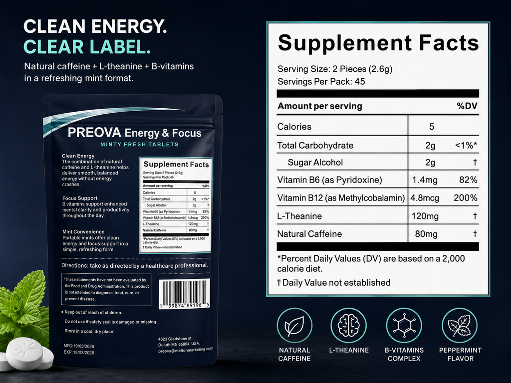 PREOVA Energy & Focus Mints — Peppermint — 90 Mints
