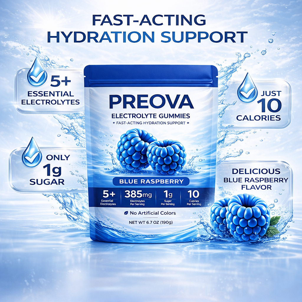 PREOVA Electrolyte Gummies — Blue Raspberry — 30 Servings