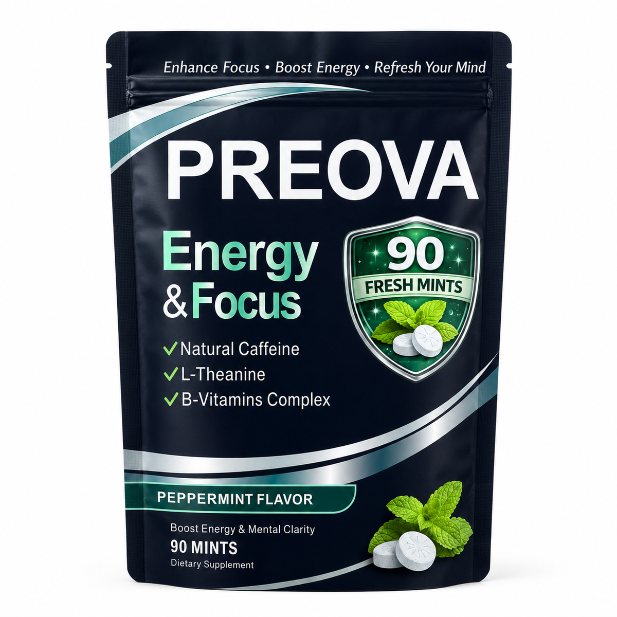 PREOVA Energy & Focus Mints — Peppermint — 90 Mints