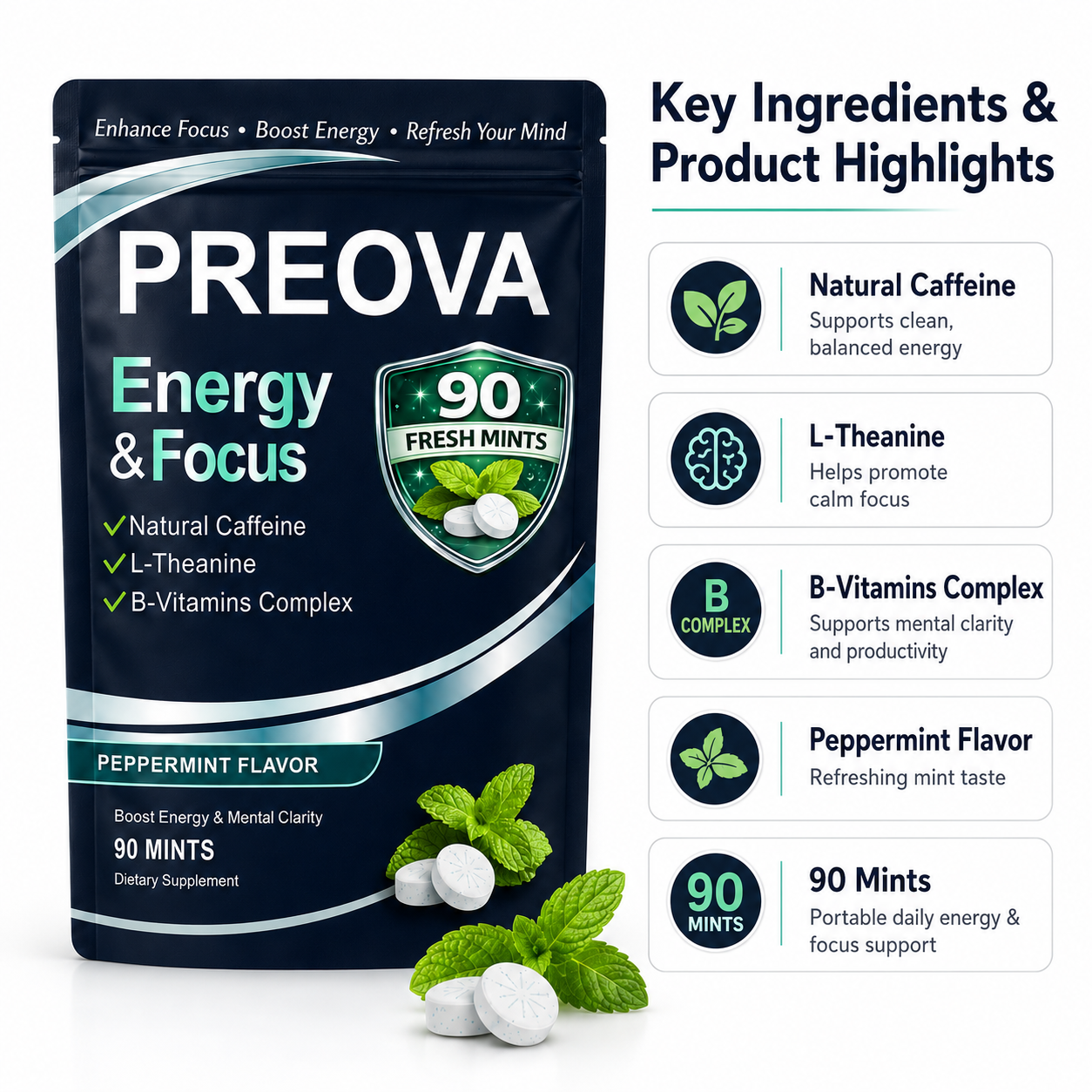 PREOVA Energy & Focus Mints — Peppermint — 90 Mints