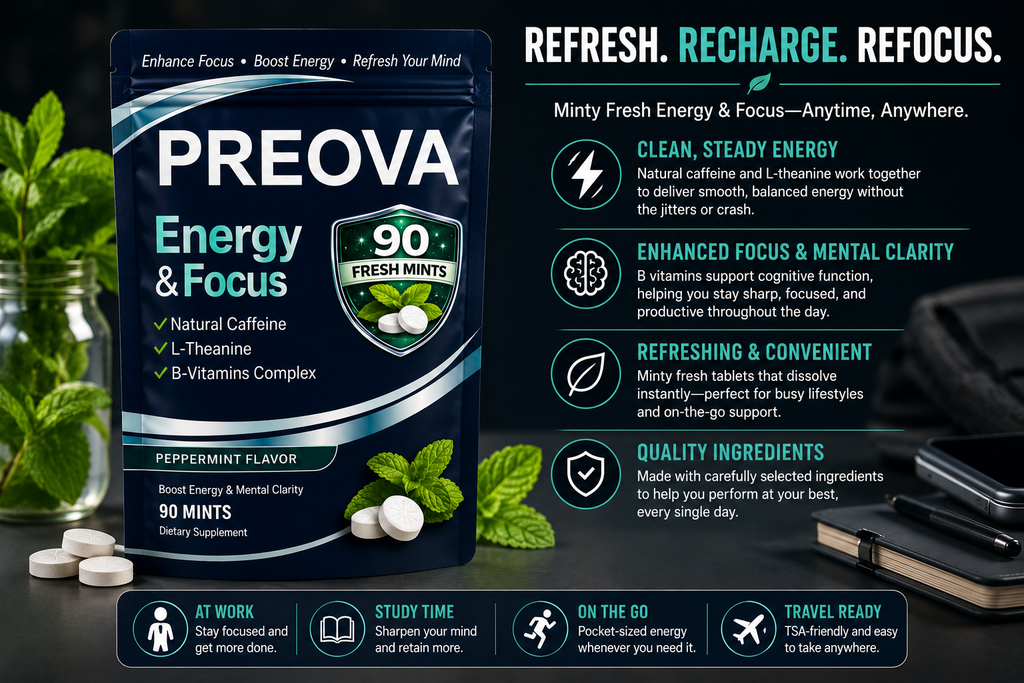 PREOVA Energy & Focus Mints — Peppermint — 90 Mints