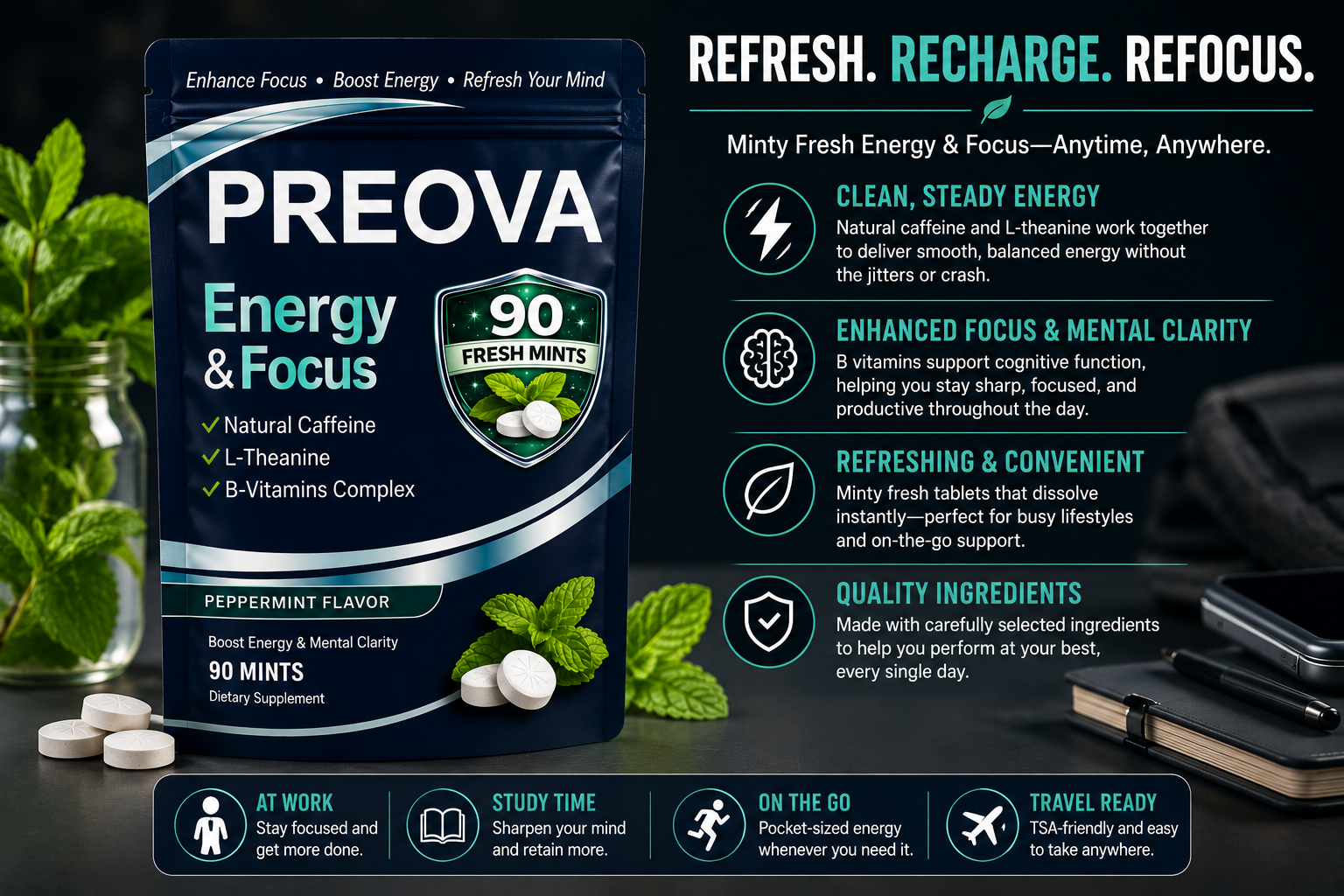 PREOVA Energy & Focus Mints — Peppermint — 90 Mints