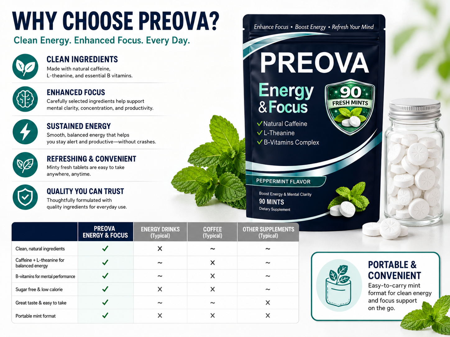 PREOVA Energy & Focus Mints — Peppermint — 90 Mints