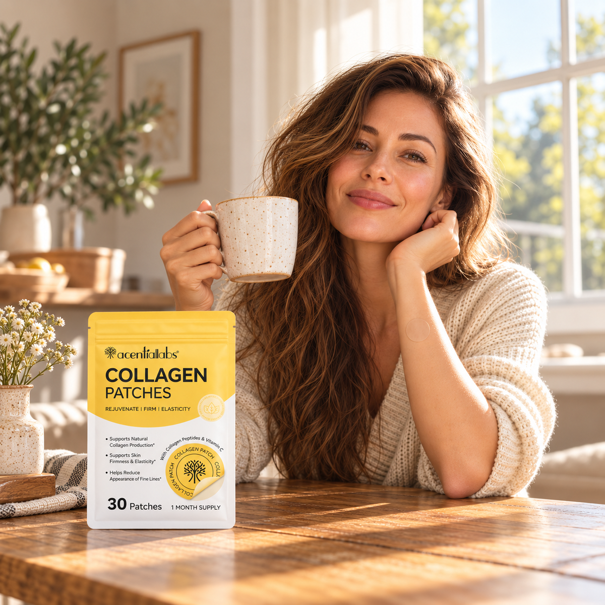 Woman having coffee with an Acential Labs Collagen Patch on her forearm