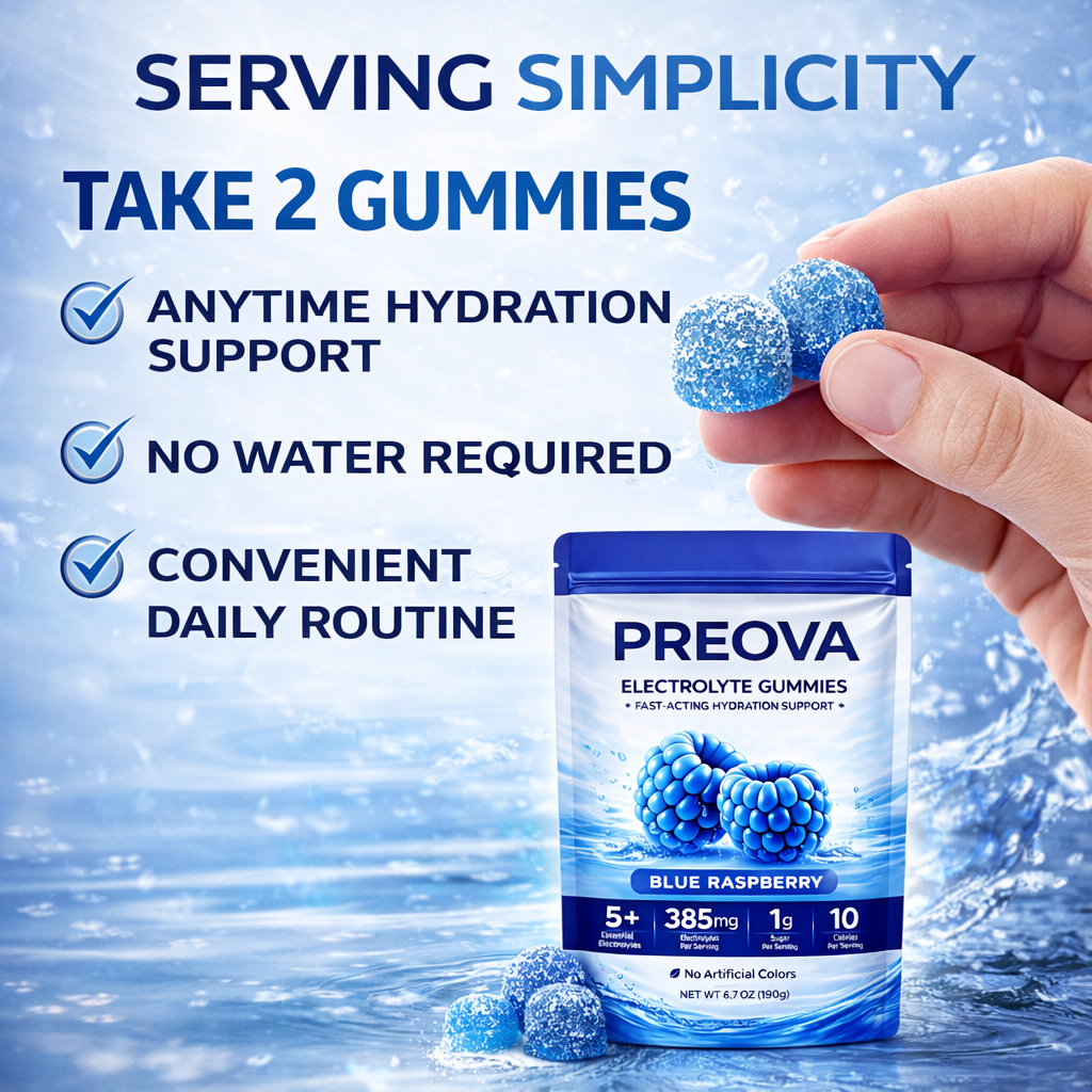 PREOVA Electrolyte Gummies — Blue Raspberry — 30 Servings