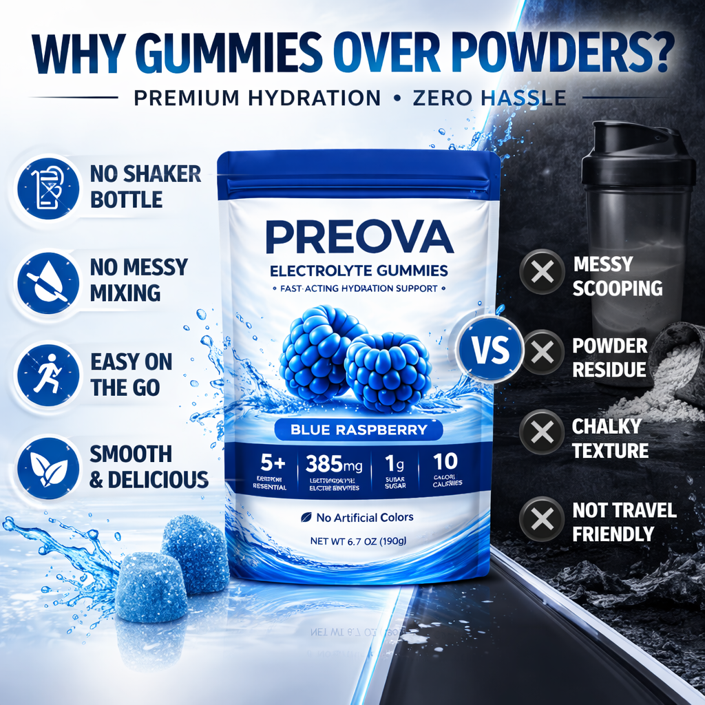 PREOVA Electrolyte Gummies — Blue Raspberry — 30 Servings
